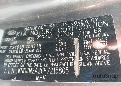 2015 Kia Soul из США, поврежденный, VIN KNDJN2A26F7215805